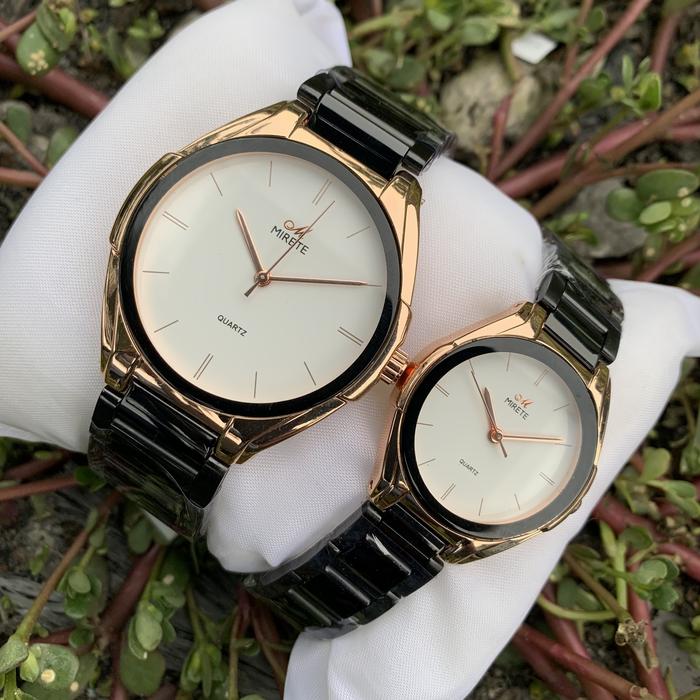 Jam tangan mirete high class rantai rose gold plat putih classic couple Elegan Kaca berkilau mewah p