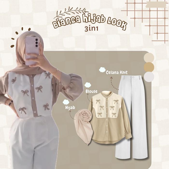 Ootd Remaja Wanita 3in1 - Blouse Pita + Hijab + Celana Knit - One Set Casual Outfit Nongkrong Kekini