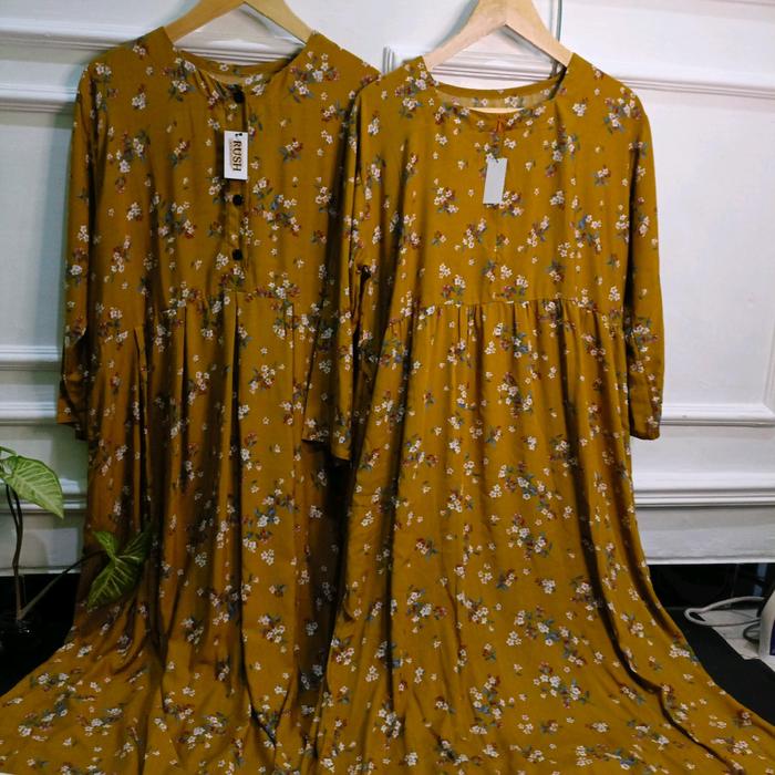 Dress Daster Kekinian Lengan 3/4 Motif Rayon Premium Semata kaki Busui Friendly. Kancing Bumil Dew