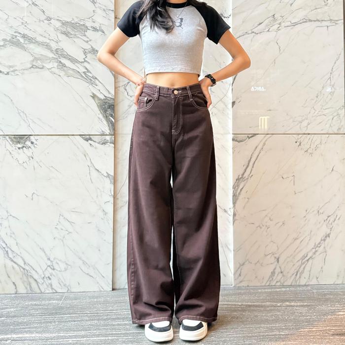Coklat Mahogany Kulot Highwaist Celana Panjang Wanita - Baggy Jeans Wanita - Baggy Denim - TL69