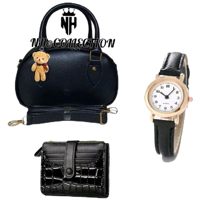 Paket Bundling Hemat Tas Selempang Wanita Livie Bag + Dompet Genie + Jam Tangan Small Wanita Miniso 