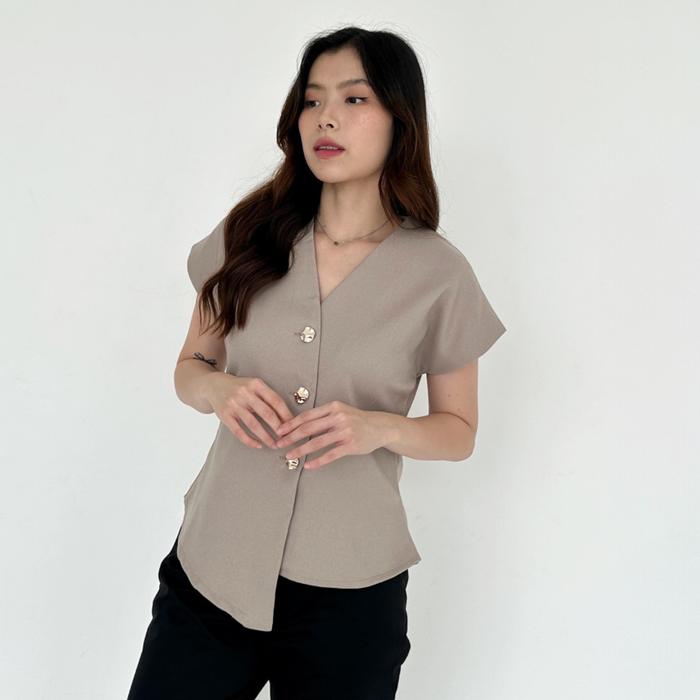 CLASSY Monel Asymetric Button Blouse 1050 Atasan Blus Wanita Lengan Pendek Premium Korean Looks Casu