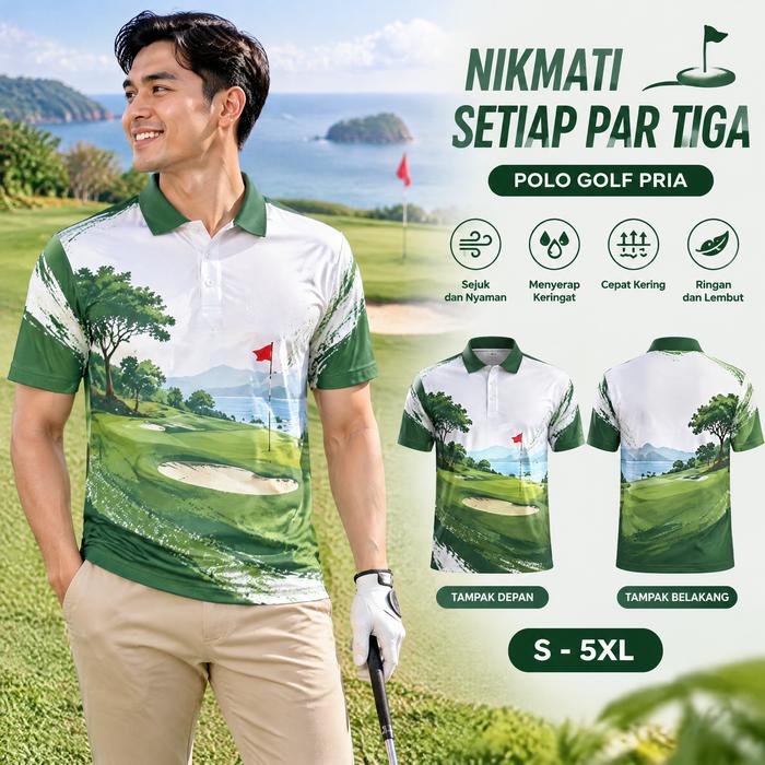 Kaos Polo Golf Pria Motif Lapangan Golf Warna Putih Hijau Lengan Pendek