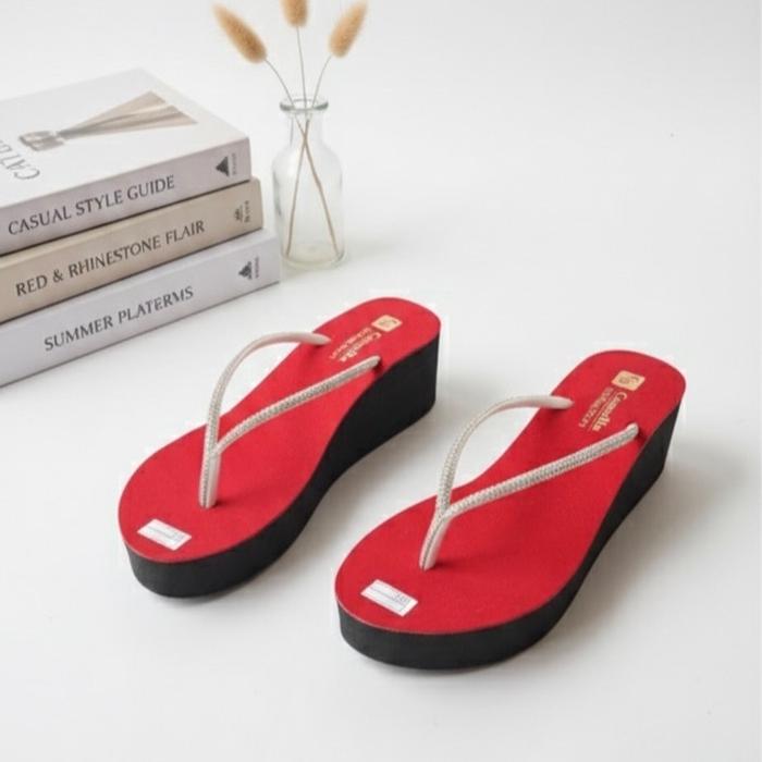 Sendal wedges wanita tali permata putih hak tinggi / sendal wedges cewek kekinian