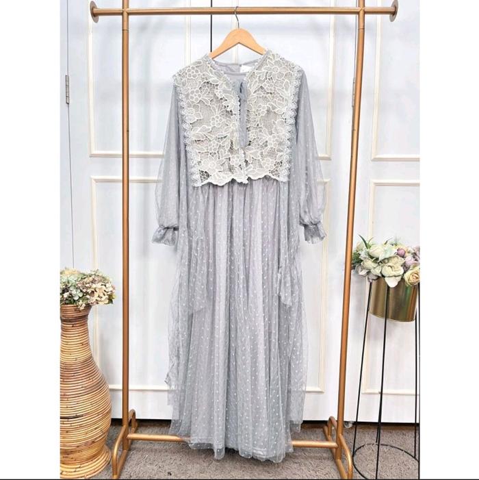 Gamis Jubah Muslim Wanita Full Brokat Mewah Tebal Abu Ungu Muda