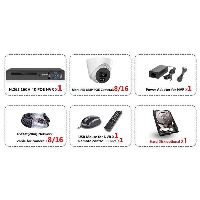 4K POE NVR 8MP CCTV Camera Security System Kit 16CH NVR Kit Color