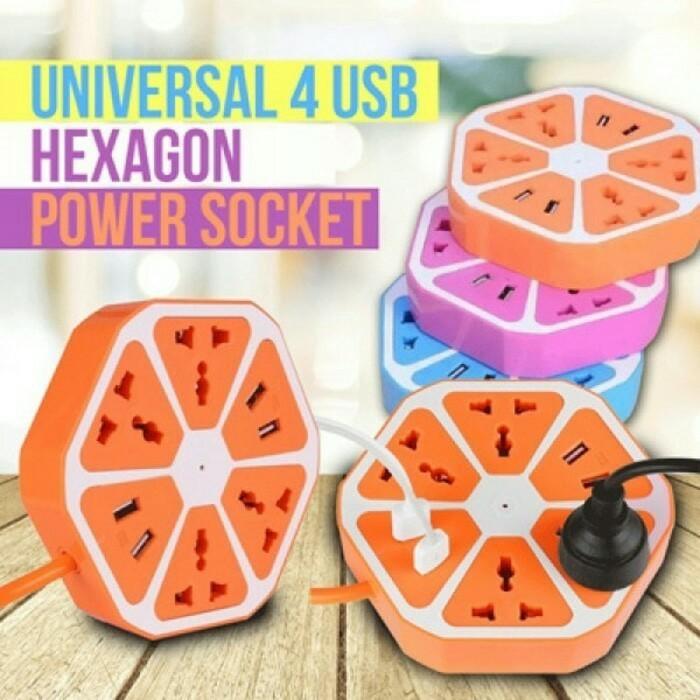 Kabel Olor SOKET 4 USB Mutifungsi Hexagon Colokan Colok Stop Kontak Listrik Kabel isi 4 Lubang Segi