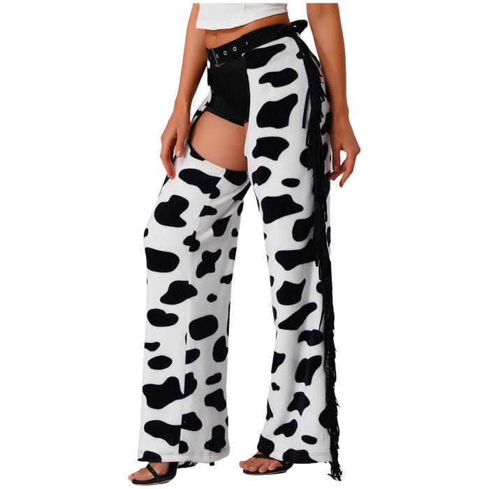 Women Halloween Cowboy Cosplay Costume Cow Spot Print Biking Riding Cowgirl Chaps Flannel Pants Side