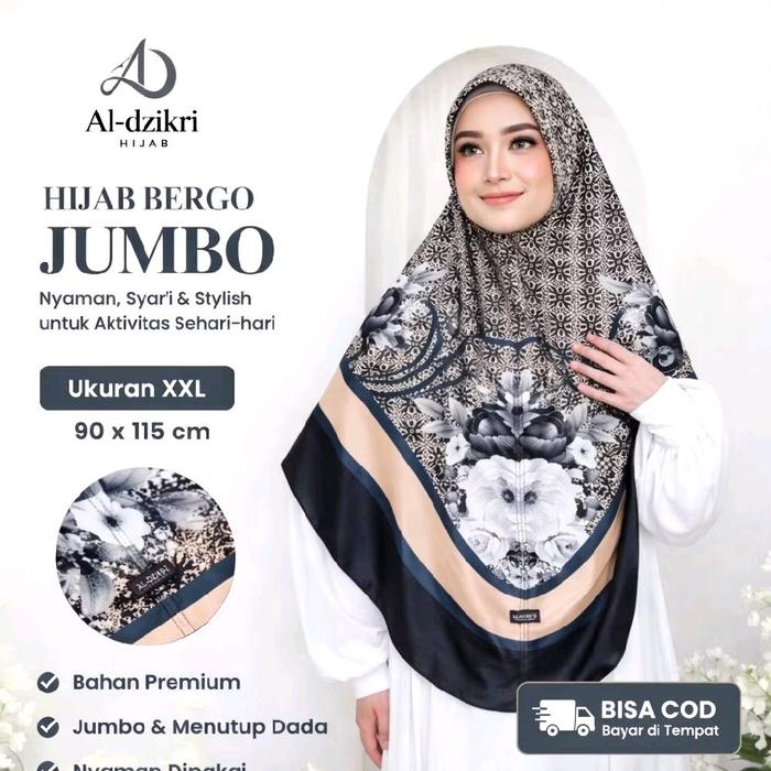 Al-dzikri Hijab Bergo Jumbo XXL 90x115 cm Bahan Premium Motif Printing Nyaman Syar'i & Stylish untuk