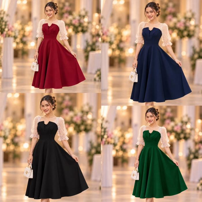 Gaun Korean Style Wanita Lengan 3/4 Model Balon Gelembung Gliter Baju Pesta Cewek Korea Gaun Kondang