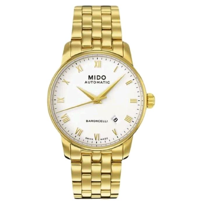 Jam Tangan Pria Mido Baroncelli II M8600.3.26.1  Automatic White Dial Gold Tone Stainless Steel Swis