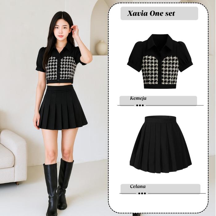 Xavia One Set Remaja 2in1 Fashion Korea Ootd ( atasan Suzan Top blouse hitam Katun + Bawahan Rok Pen