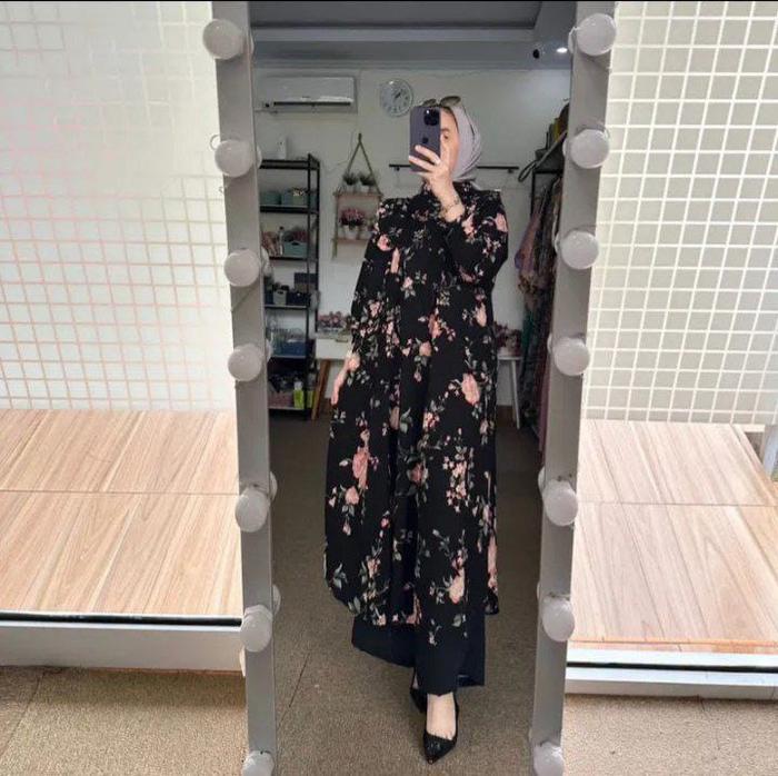 SETELAN CELANA CRINKLE ONE SET LONG TUNIK KANCING BAJU MUSLIM  WANITA RAYON KATUN DIAMOND MOTIF JASM