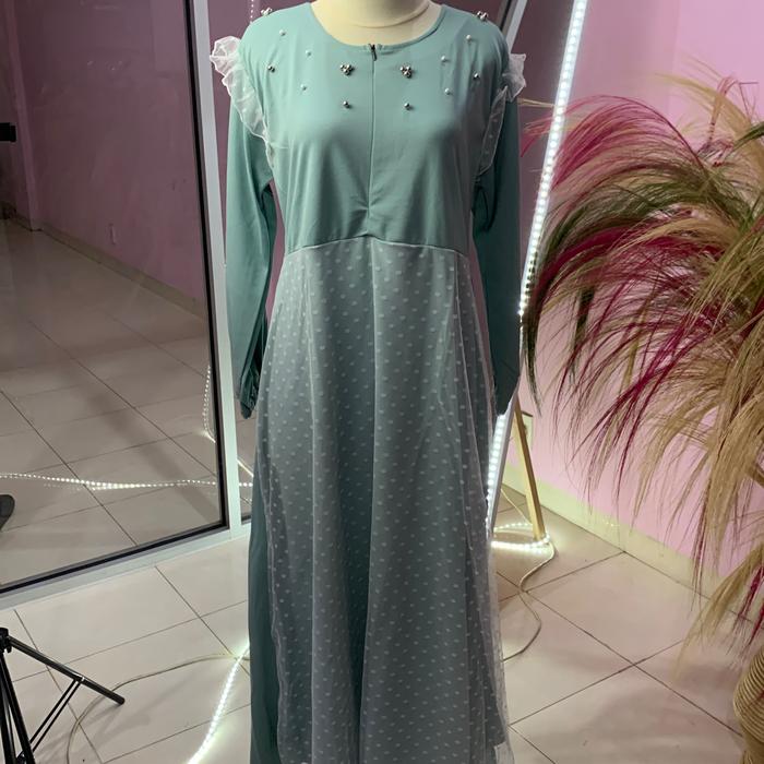Gamis manik warna hijau wardah Polka Dot