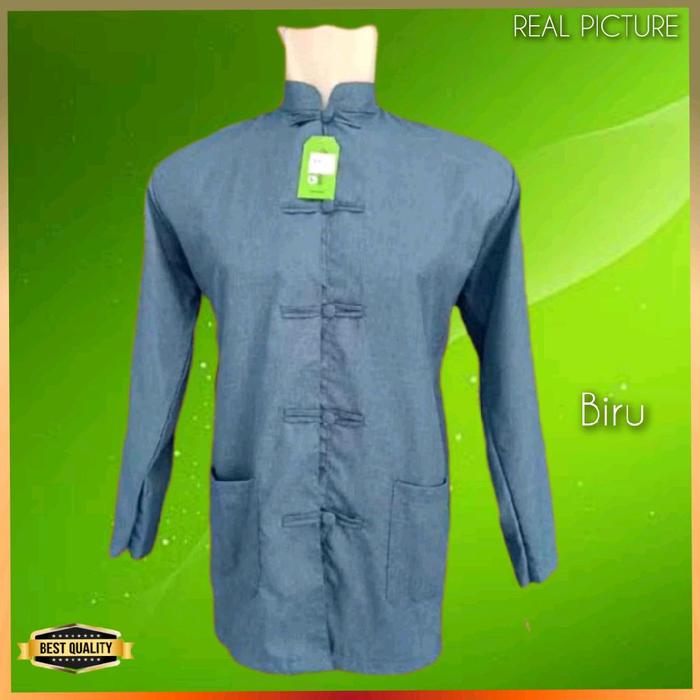 Baju Atasan Tradisional Cina Cheongsam Pria Kemeja Imlek Modern Biru