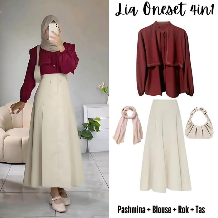 Oneset 4in1 blouse kemeja maroon cewe lengan panjang rok vanila cream hyget pashmina ceruty | ootd o