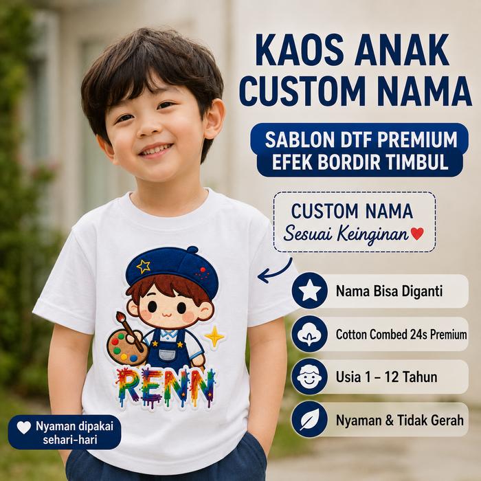 Kaos Anak Custom Nama GRATIS | Sablon DTF Timbul Premium | Cotton Combed 24s | Usia 1–12 Tahun