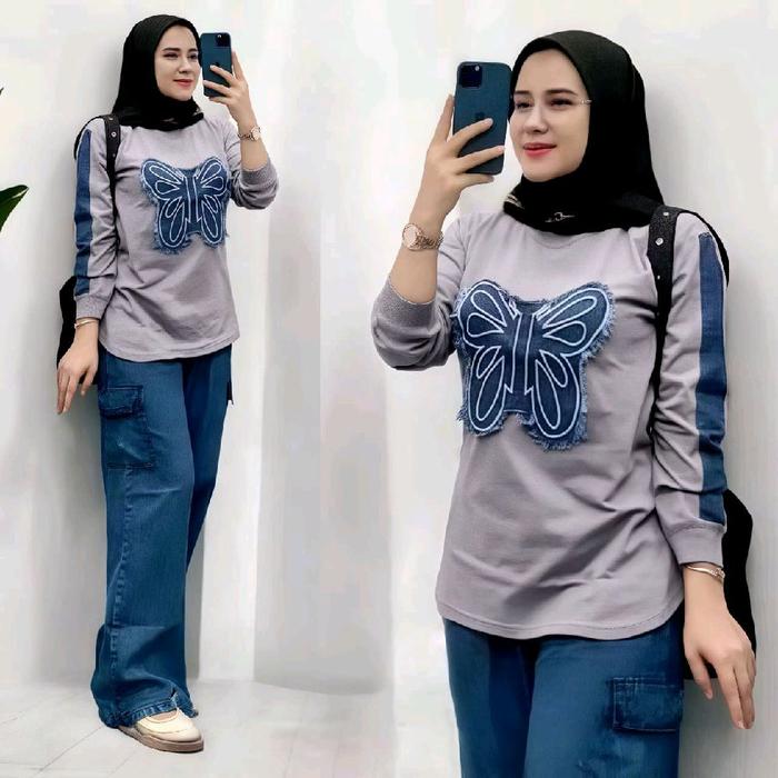 SET SETELAN ONE SET SETCEL BLOUSE PANTS DENIM WANITA CASUAL JUMBO COMBED PREMIUM MIX JEANS IMPORT LD