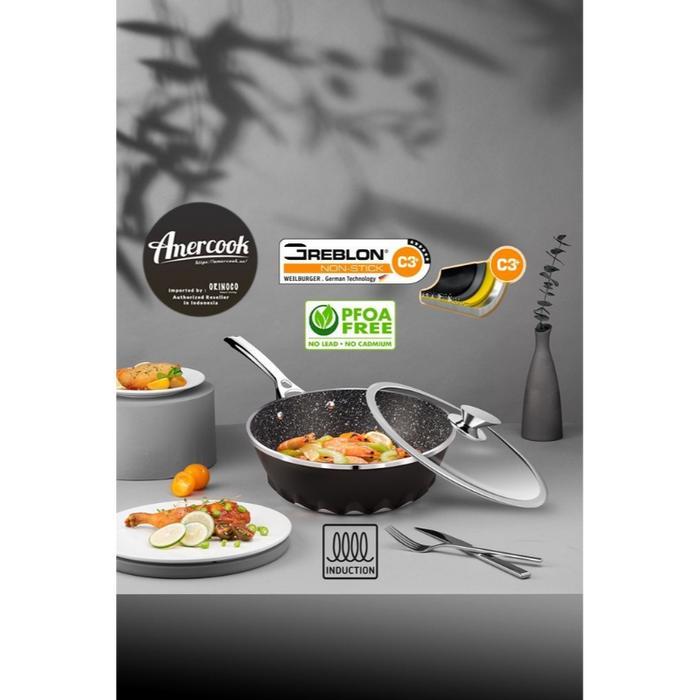 Amercook Wok Pan Artmartin Wajan Anti Lengket + Tutup Kaca 28cm