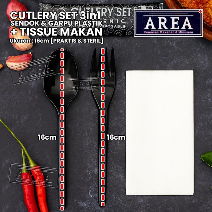 Safitiri [1Pack Isi 100Set] Paket Sendok Garpu Plastik Tisu Makan Set Catering 16Cm Praktis, Dan Ste