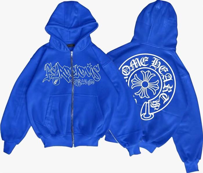 jaket sweater hoodie boxy zipper chrome hearts biru pria dan wanita bahan katun flacee tebal nyaman 