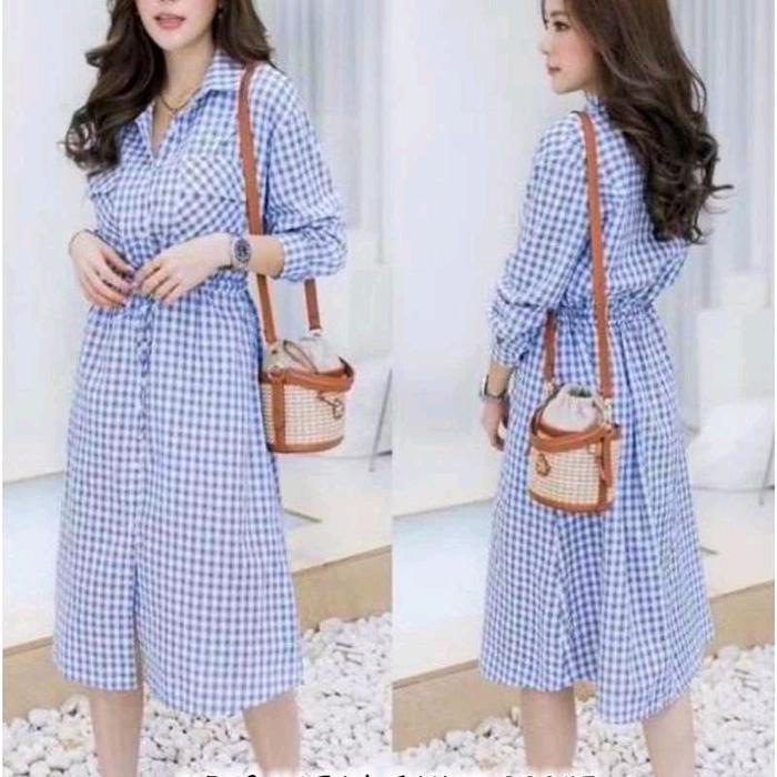 Dres Katun Jumbo 90045 Biru - Bahan Katun Premium - Casual, Jeans, Terusan, Baju, Wanita, Kotak, Gau