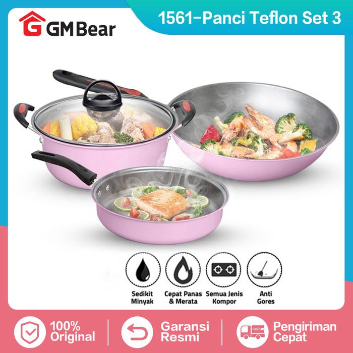 GM Bear Panci Wajan Set 3 Pcs 1561 - Arria Panci Penggorengan Set Pink