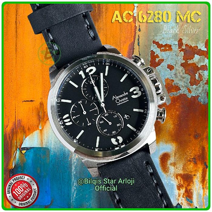 Alexandre Christie Pria Ac 6280 Mc Case Silver Tali Kulit Hitam Original