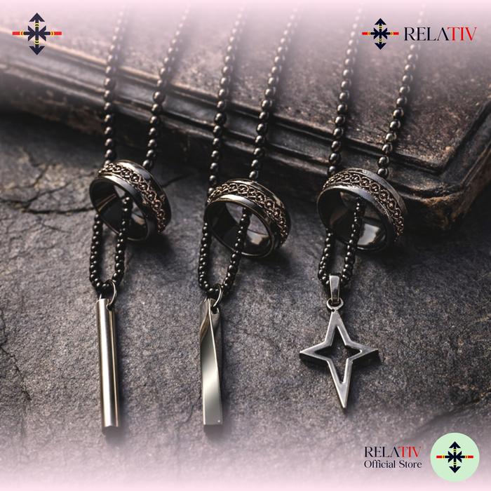 RELATIV Set Kalung Rolo Hitam Liontin Titanium & Cincin Spinner Tabung Balok Ulir Bintang 4 Anti Air