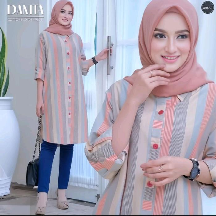 Danita Tunik Olivia Salur Danita dengan Desain Elegan dan Nyaman untuk Keseharian Stripe warna Paste