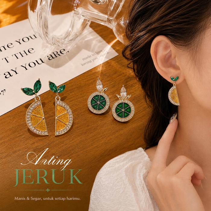 Anting Liontin Irisan Jeruk Nipis – Bertabur Zirkon, Desain Segar & Modis