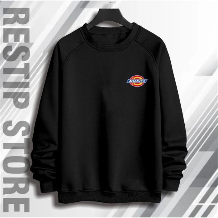 SweatShirt Crewneck Oversize Pria/Wanita Dickies Distro Premium Black Motif Simpel Bordir Bahan Flee