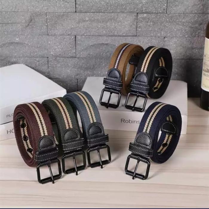 Sabuk Ikat Pinggang Pria Dewasa Kain Katun Canvas Tebal Motif Salur Gesper Jarum Kanvas