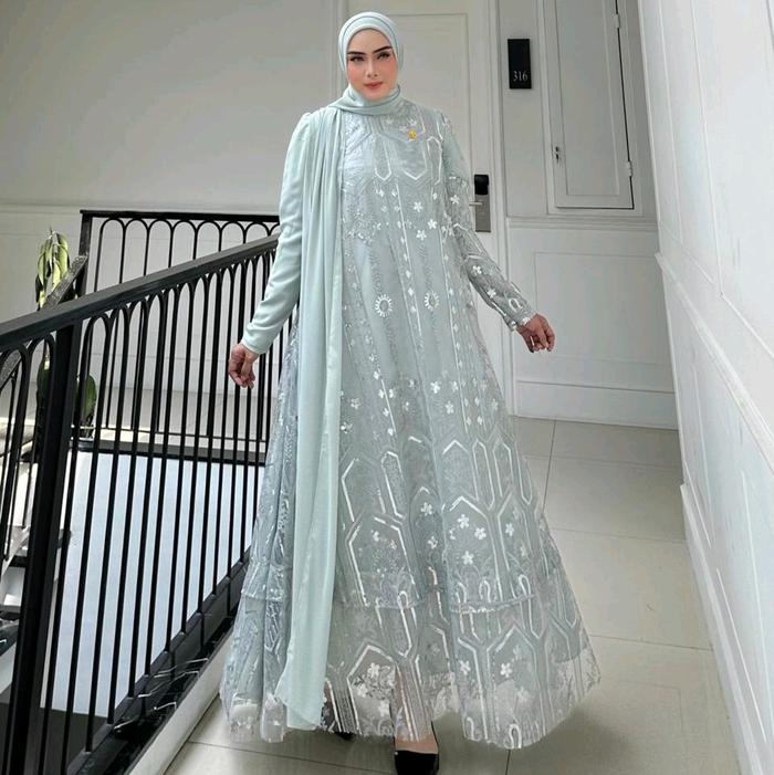 Tasya Gamis pesta set2in1 Gamis full tille lapis bon silk
