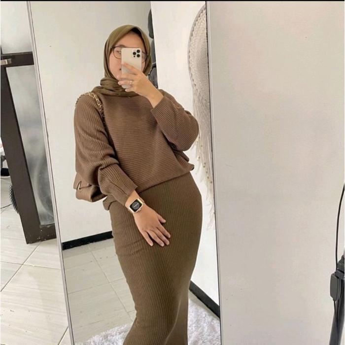 SETELAN RAJUT JUMBO WANITA / ON SET RAJUT | RAJUT BATWING | ROK SPAN RAJUT | 2in1 | Ootd Wanita Set