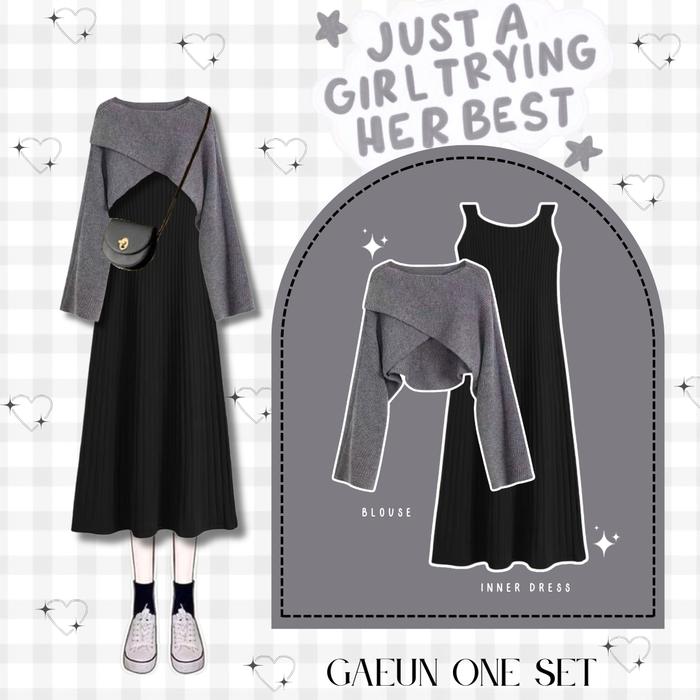 Gaeun Outfit Korea Wanita Sweater Cross Rajut Abu & Midi Dress Hitam Setelan Oneset Cewek Remaja Can