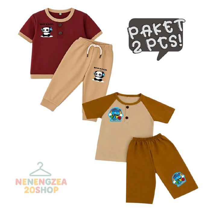 Paket 2set Baju Anak Unisex Setelan Kiano Gambar Bos kecil & Tayo Motif Lucu Terbaru Usia 2-7 Tahun