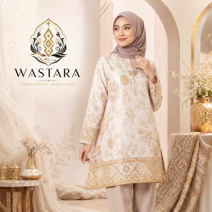 Tunik Cream Gold Motif Floral Emas Halus Desain Side Slit Elegan Minimalis Bahan Satin Lembut Berkil