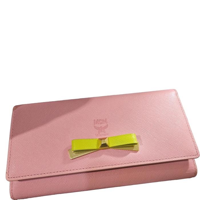 Dompet MCM Bow Visetos Continental Flap Warna Pink Asli Baru dompet Wanita