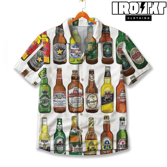 IRON TXTL Kemeja Fullprint Botol Bir Dunia | Kemeja Hawaiian Beer Bottle Motif Alkohol Unik Unisex B