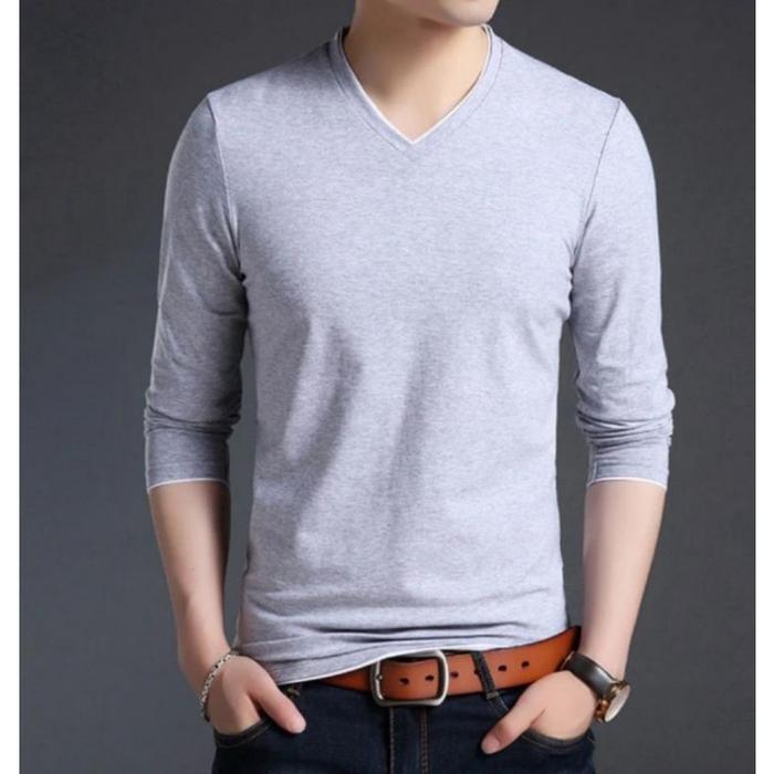 KAOS POLOS COTTON COMBED LENGAN PANJANG PRIA V -NECK /kaos pria lengan panjang Vneck / Baratech Swea