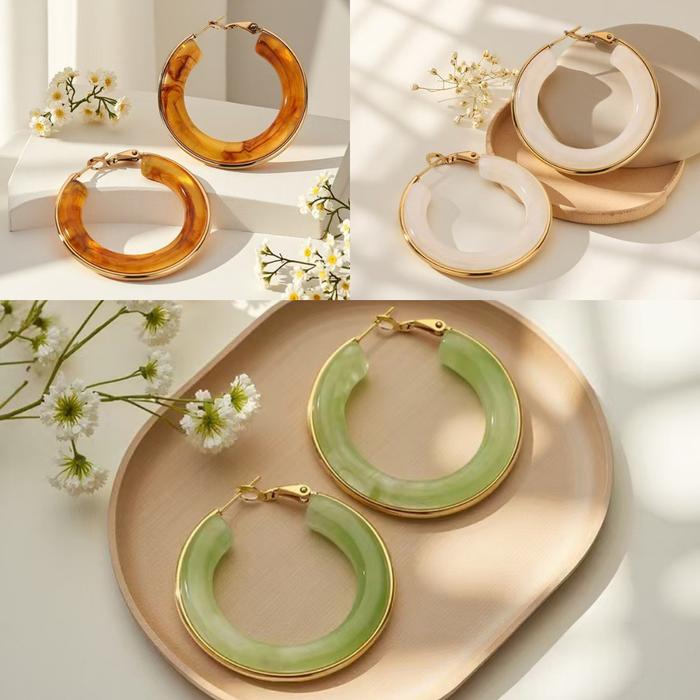 Anting Titanium Giok Resin Wanita Anti Karat Dan Anti Luntur Asli Anting Wanita Besar Gold Jade Mini
