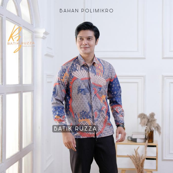 Batik Ruzza Kemeja Pria Lengan Panjang Dewasa Motif Ruzza Warna Hitam Abu Coklat Baju