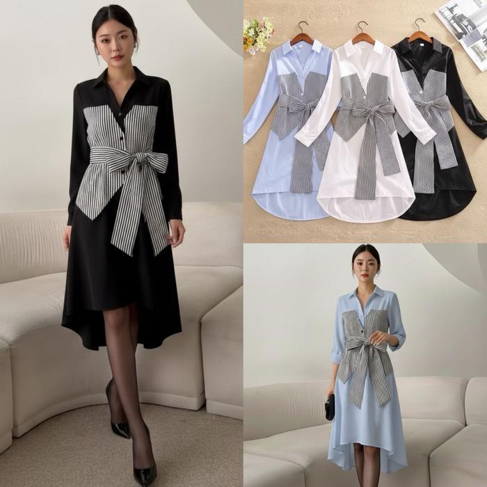 Ghia tunik casual fashion wanita korea bahan katun import kombinasi kotak salur fit L XL