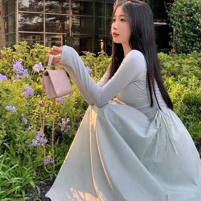 Gaun Lengan Panjang Biru | Gaun Sifon Wanita Pelangsing Gaun Style Prancis Rok Panjang Dress A-line 