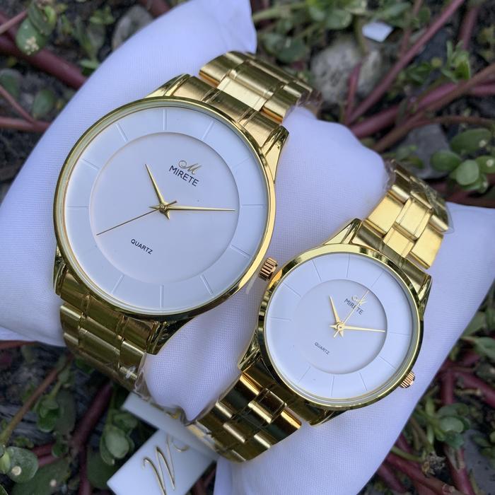 Jam tangan mirete high class rantai Kuning plat putih classic couple Watches Kaca tahan air anti kar