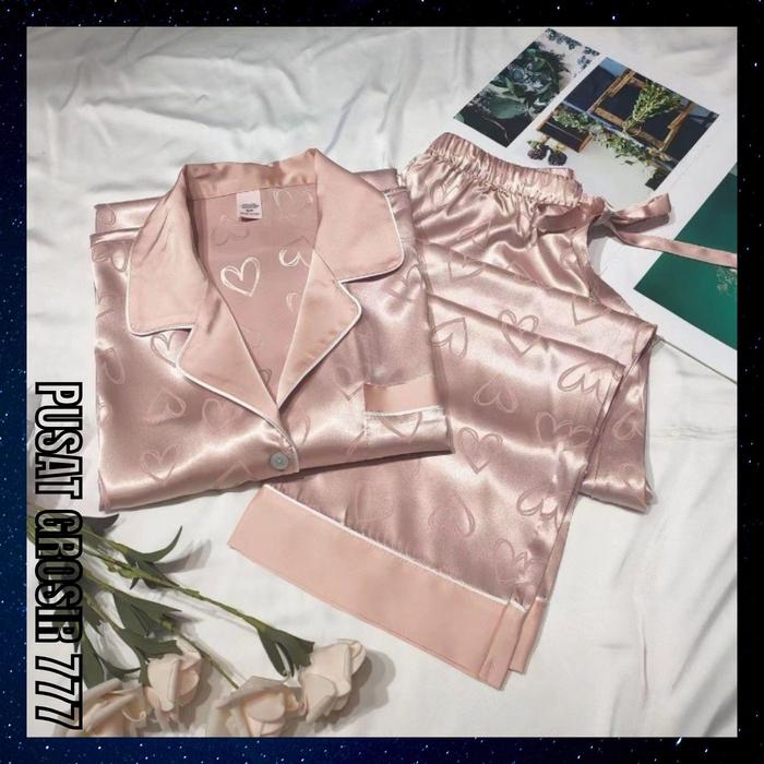 Piyama Wanita Setelan Satin Silk Baju Tidur Import Motif Love Pink Adem Lembut BTW 10