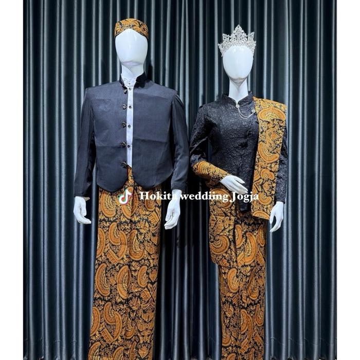 Couple Kebaya Janggan Beskap Solo Polos Seset Kain (2F)1Blangkon 1 Selendang Model Fukuro