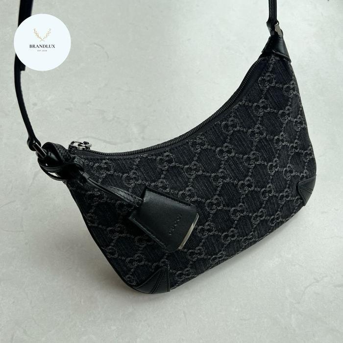 GUCCI GG HORSEBIT SLIM FLAT BAG IN BLACK/GREY DENIM