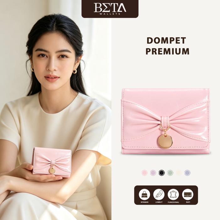 BETA Dompet Pendek Lipat Tiga Gaya Korea Manis Permukaan Mengkilap Hiasan Pita Kalung Logam Bulat Ku